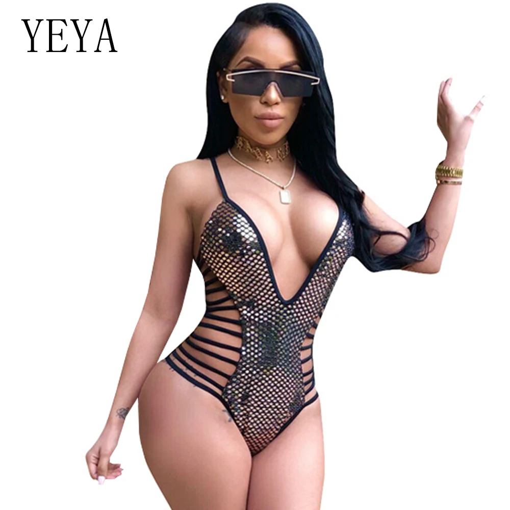 YEYA Sequined Bodysuits Women Tops Summer V Neck Sleeveless Hollow Out Bodycon Jumpsuit Romper Sexy Bodysuits Combinaison Femme