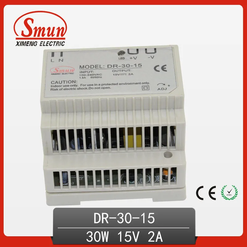 

SMUN DR-30-15 30W 15V 2A Din-Rail Switching Power Supply with CE ROHS 2 Year Warranty OEM Factory