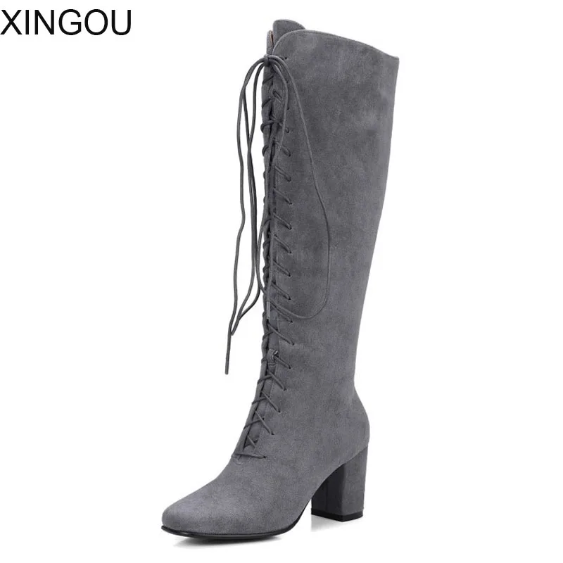

Western women boots flock Knee high boots with square heel lining short plush heel high riding boots winter zipper knight boots