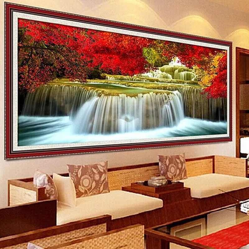 Top 195x85cm Red Maple Forest Waterfall DIY Precise Printed Full Cross Stitch Embroidery Kit Needlework Handmade Counted Craft Gift 3