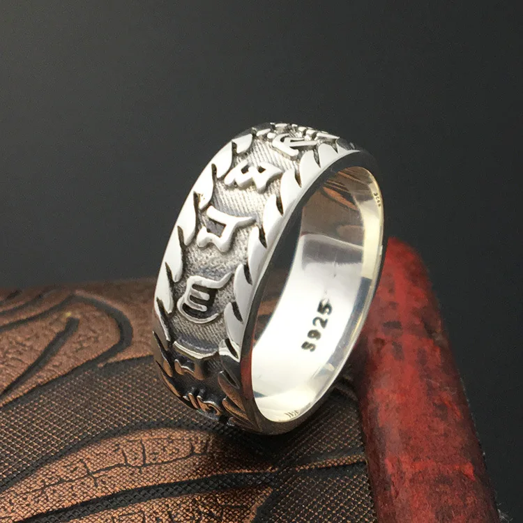 

Solid Silver 925 Simple Band Rings Men Engraved Tibetan Letters Om Mani Padme Hum Mens Lucky Band Jewelry Pure Silver