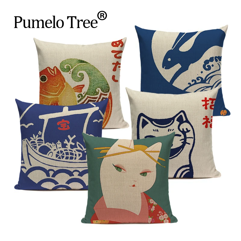 

High Quality Cotton Linen Japanese Style Sofa Chinese Pattern Jin Wind And Carp Pillows 45Cmx45Cm Square Printed Pillow Cover