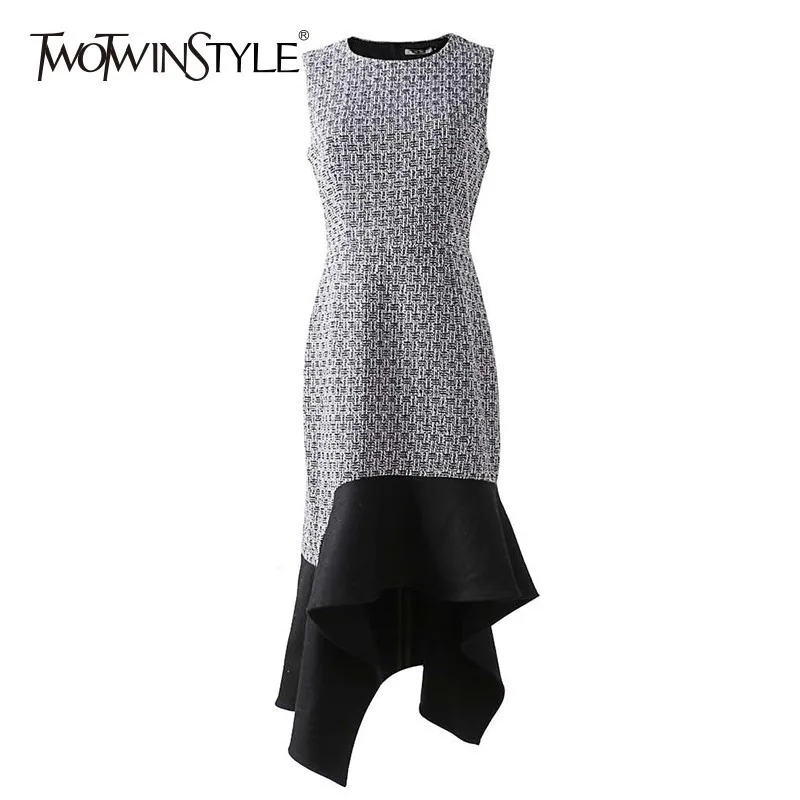 TWOTWINSTYLE Asymmetrical Wool Dress Female High Waist Sleeveless Patchwork Hem Plaid Women's Dresses 2019 Autumn Fashion New | Женская