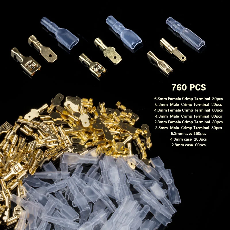760PCS/190 pair 2.8/4.8/6.3mm Crimp Terminals Female&ampMale Spade Wire Connectors Set with Insulating Sleeves 0.5mm2-1.5mm2 |