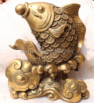 

15" Chinese Bronze Wealth Money Jumper Gold Fish Goldfish Animal Ruyi Sculpture