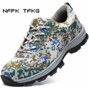 

big size men's fashion camouflage steel toe caps working safety shoes breathable mesh puncture proof security boots platform man