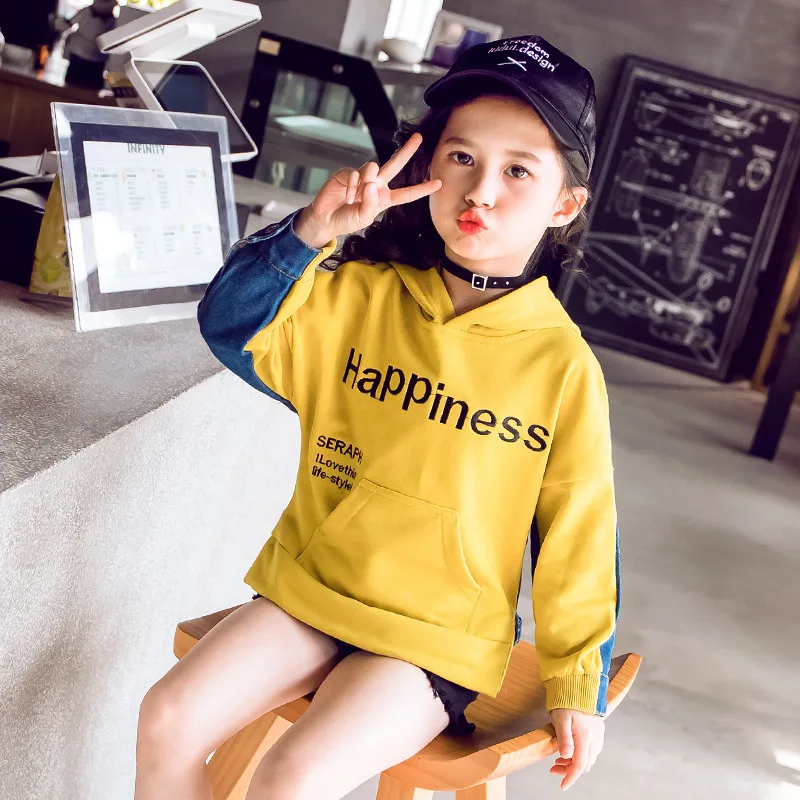 

2019 spring new Korean version of the foreign girl sweater 12-15 years old female children's children's denim stitching t-shirt