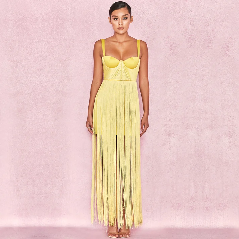 

Elegant Yellow Tassel Celebrity Party Dress 2018 New Style Women Strapless Spaghetti Strap Sexy Backless Bandage Dress Vestidos