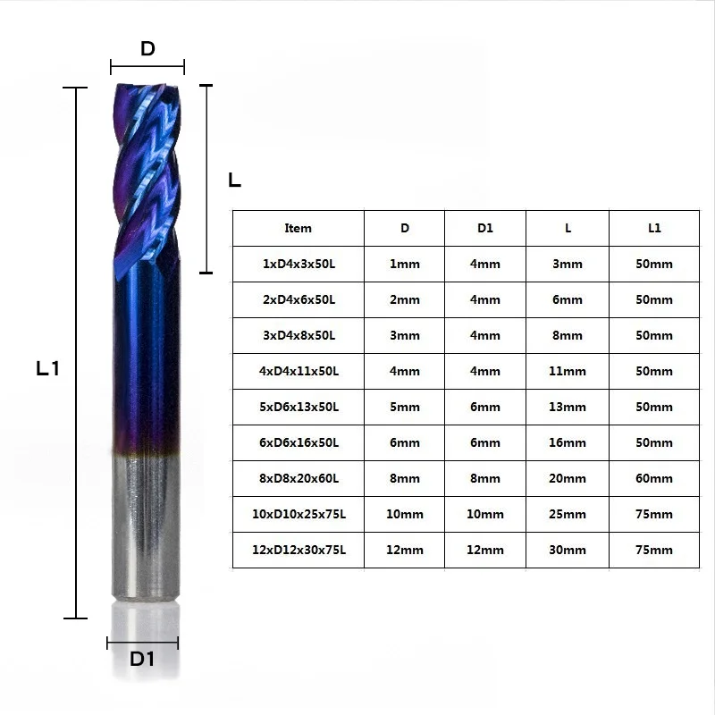 XCAN 1 шт. 1 мм-12 мм HRC50 Супер нано синее покрытие Карбид Концевая фреза 4 Флейта ЧПУ фреза фрезы Спиральные концевые фрезы