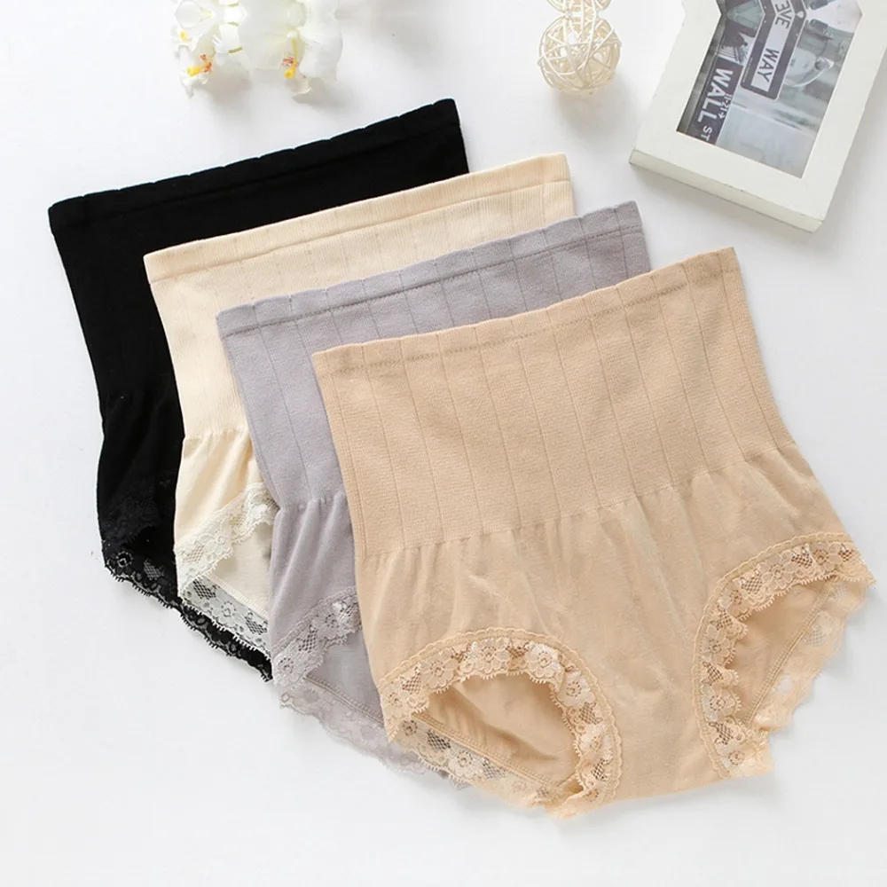 

2016 Real High Waist Underwear Woolen Cotton Natural Color New Women Solid Lace Patchwork High Waist Seamless Brief Underwear