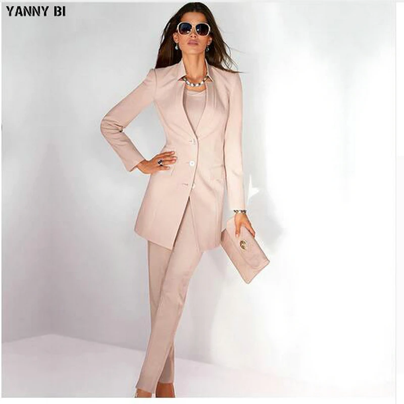 

Jacket+Pants Womens Business Suit Light Pink Long Sleeves Female Office Uniform Ladies Formal Trouser Suits Single Breasted