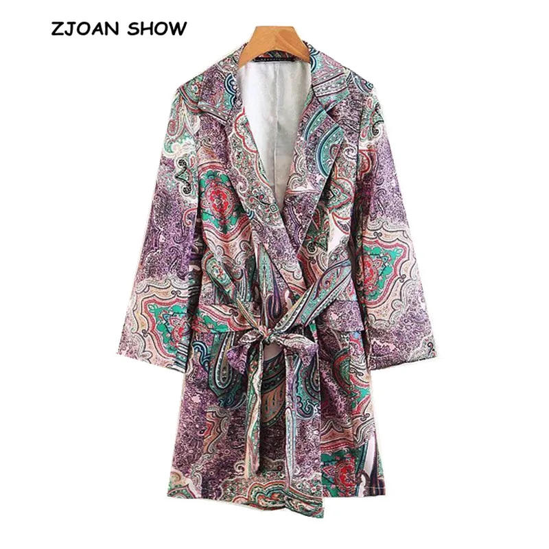 

Retro Paisley print Sashes Waist Blazer Casual 2018 Woman Notched Collar Slim Fit Mid long Suit Jacket Coat Outerwear With Belt