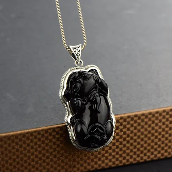 

Genuine 925 Sterling Silver Fengshui Pendant For Men And Women With Black Obsidian Natural Stones Lucky Pendant Amulets