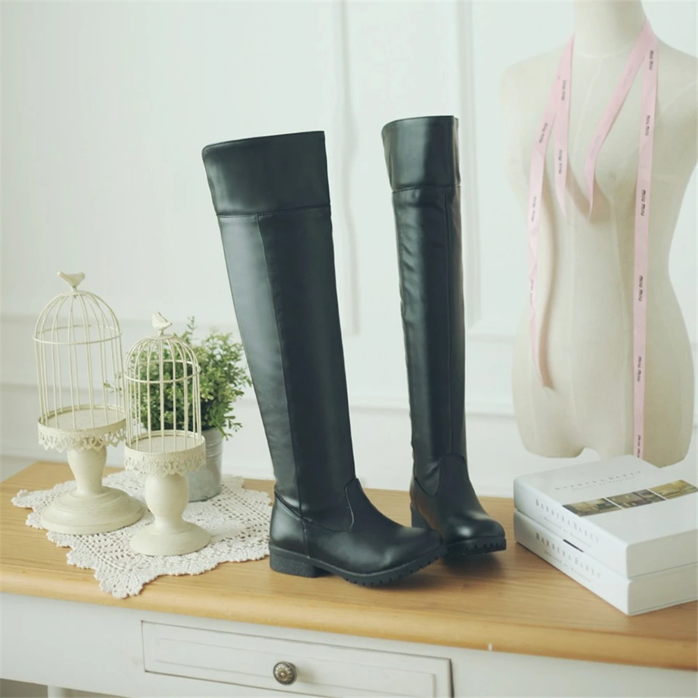 BONJOMARISA/ г. Зимние пикантные ботфорты выше колена размера плюс 34-48, Стрейчевые сапоги женская повседневная обувь на низком каблуке с теплым мехом
