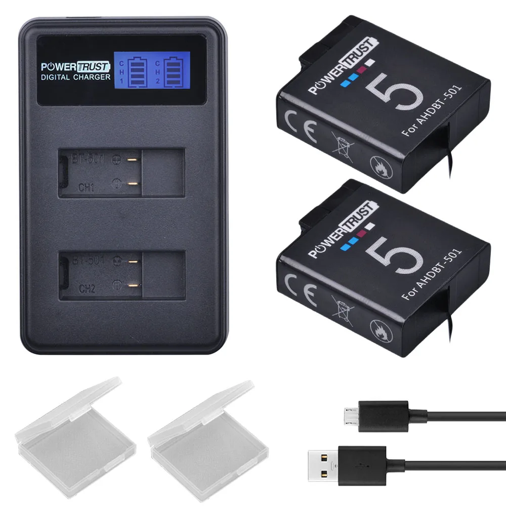 PowerTrust для Gopro new 7 8 AHDBT-501 батарея + LCD USB двойное зарядное устройство экшн-Камеры hero 5