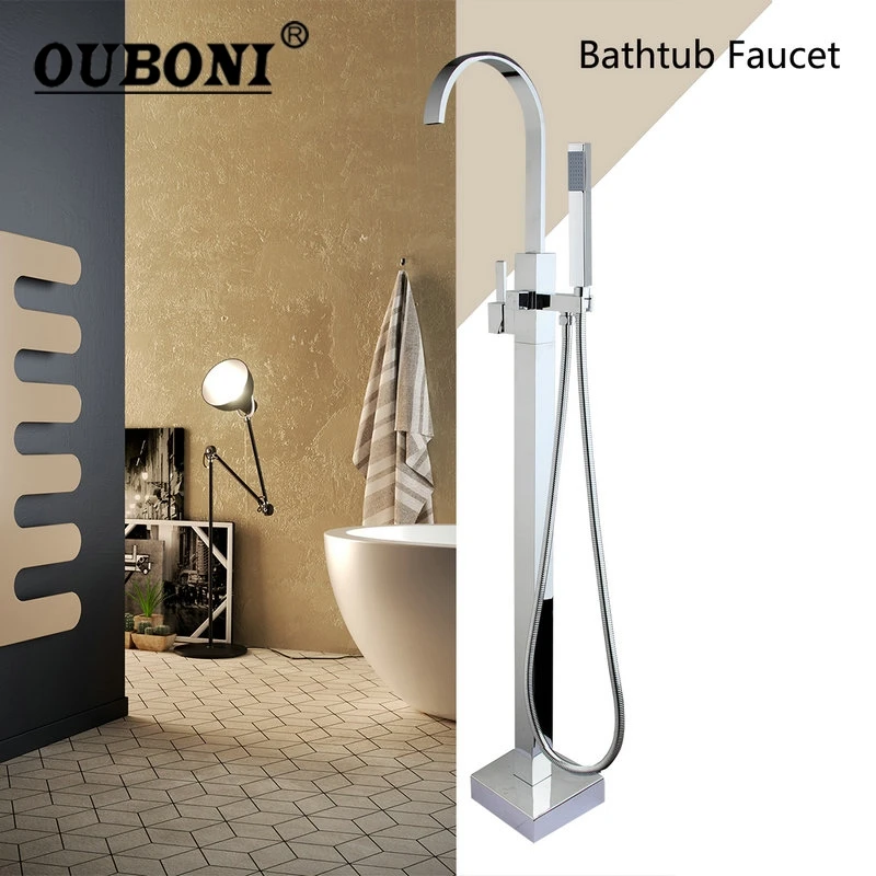 Chrome Free Standing Shower Faucet Bathroom Floor Standing Tub