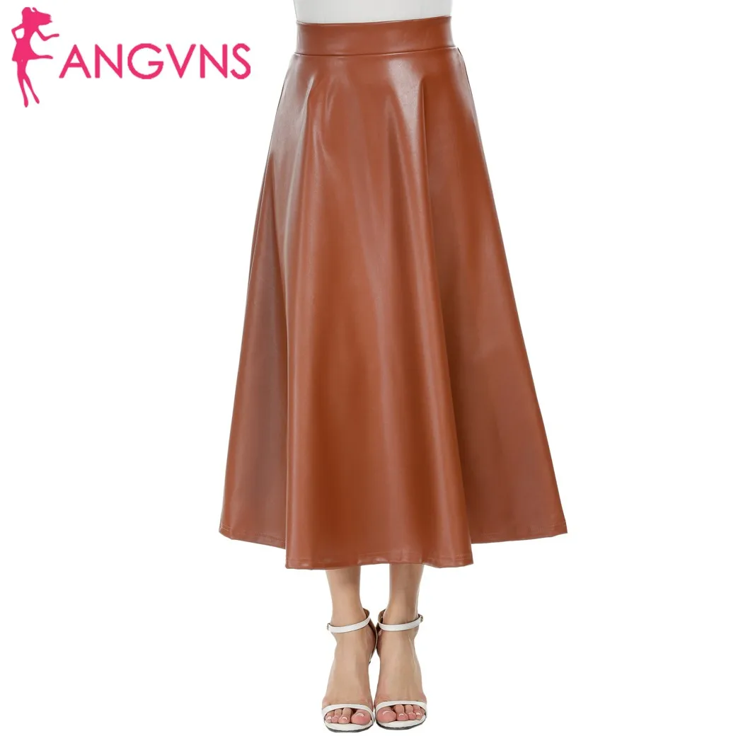 ANGVNS Winter Womens Maxi Skirt PU leather long skirt Slim Waist Autumn Vintage fashion Pleated Swing skirt Black 2018 Spring Skirts