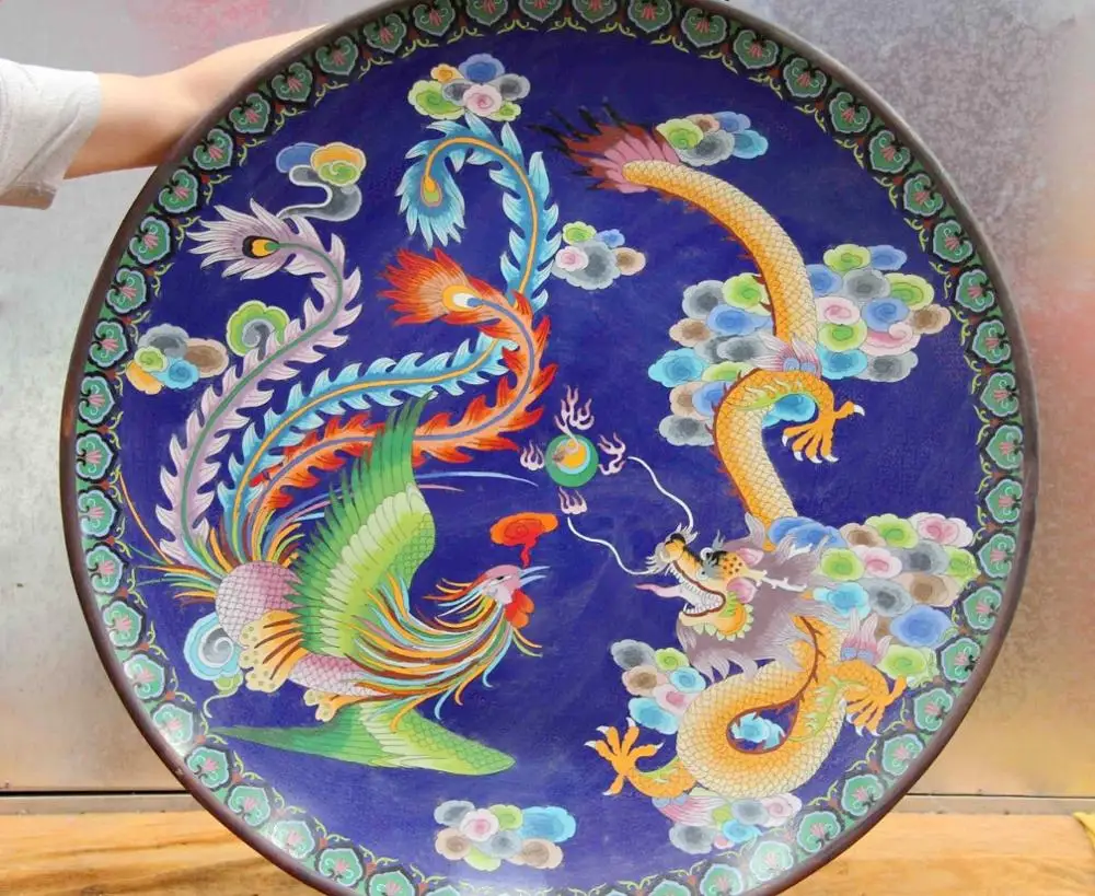 

33 Chinese Folk old Copper Cloisonne Enamel Feng Shui Dragon Phoenix dish Plate