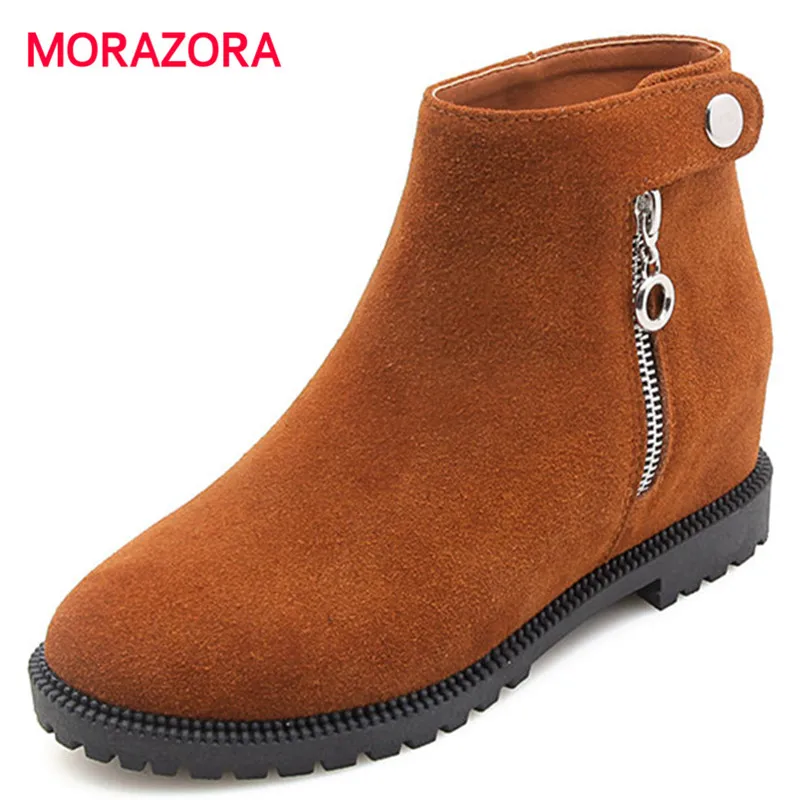 

MORAZORA 2018 new autumn winter short plush snow boots round toe cow suede leather boots fashion metal decoration women boots