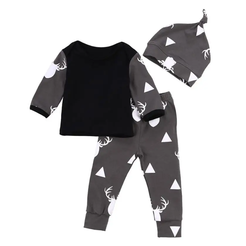 Одежда для новорожденных мальчиков и девочек топы с оленем, футболка+ штаны, леггинсы комплект одежды из 3 предметов, Прямая поставка, комплект для малышей 8 августа - Цвет: Темно-серый