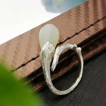 

Guaranteed 925 Sterling Silver Jade Rings Magnolia Flower Vintage Midi Rings for Women Natural Stone Elegant Fine Jewelry