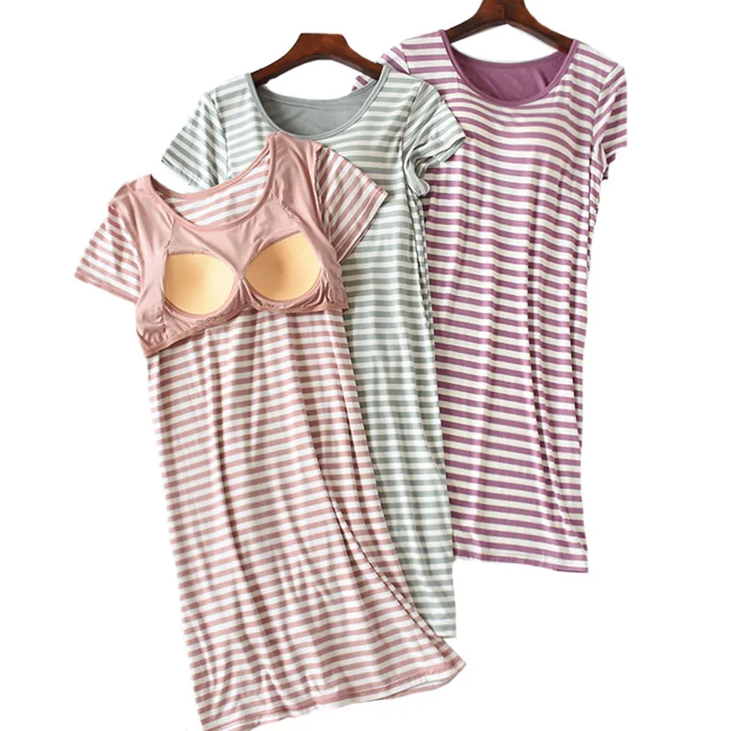 

Women Sleepwear Comfort Cotton Summer New Nightgown Round Neck Striped Ladies Soft Nightdress Female Home wear With Chest Pad