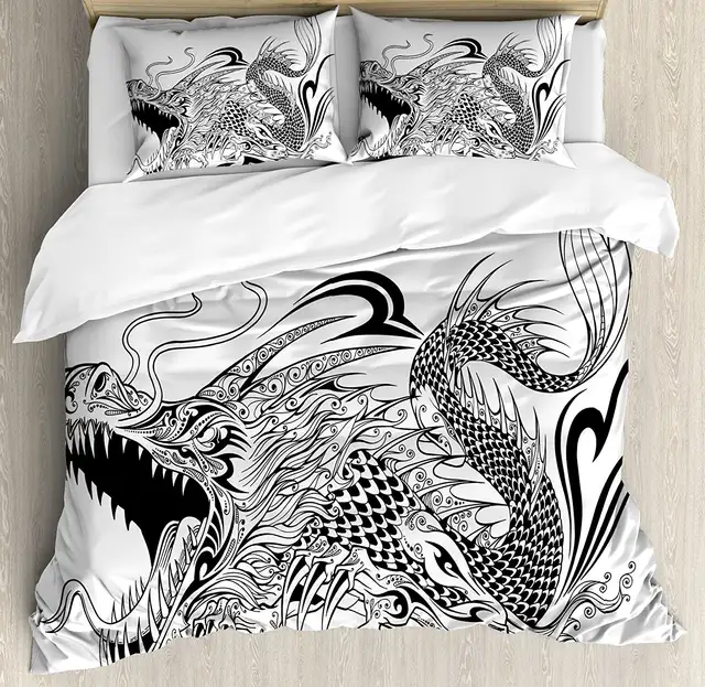 Dragon Duvet Cover Set Tattoo Style Traditional Asian Winged