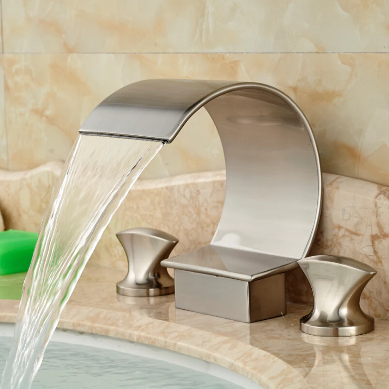 2016 New Nickel Brushed Dual Handles Basin Mixer Faucet Deck Mount 3 Holes Bathroom Sink Hot