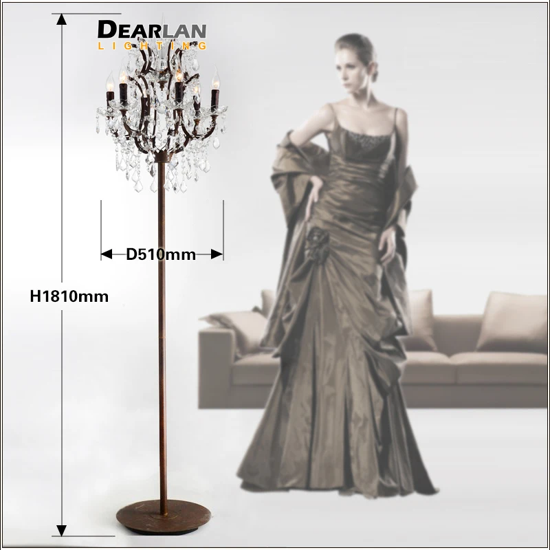 

Popular Vintage Style Crystal Floor Lamp Rust Red Color Stand Lamp with 6 Lights for Reading Room Hotel Living Room LD003