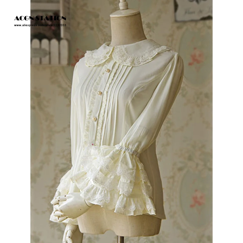 

White Lolita Blouse Bell Sleeves Chiffon Lace Blouse Shirt