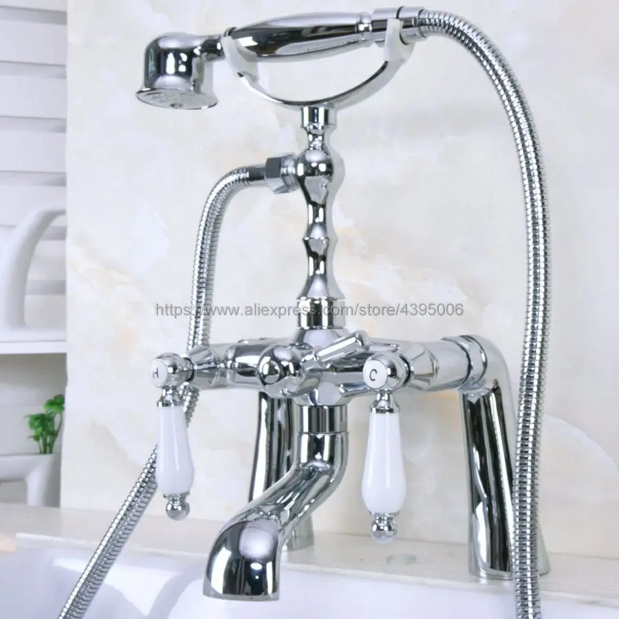 

Polished Chrome Deck Mounted Dual Ceramic Handles Bathtub Faucet Telephone Style Tub Shower Mixer Taps Bna111