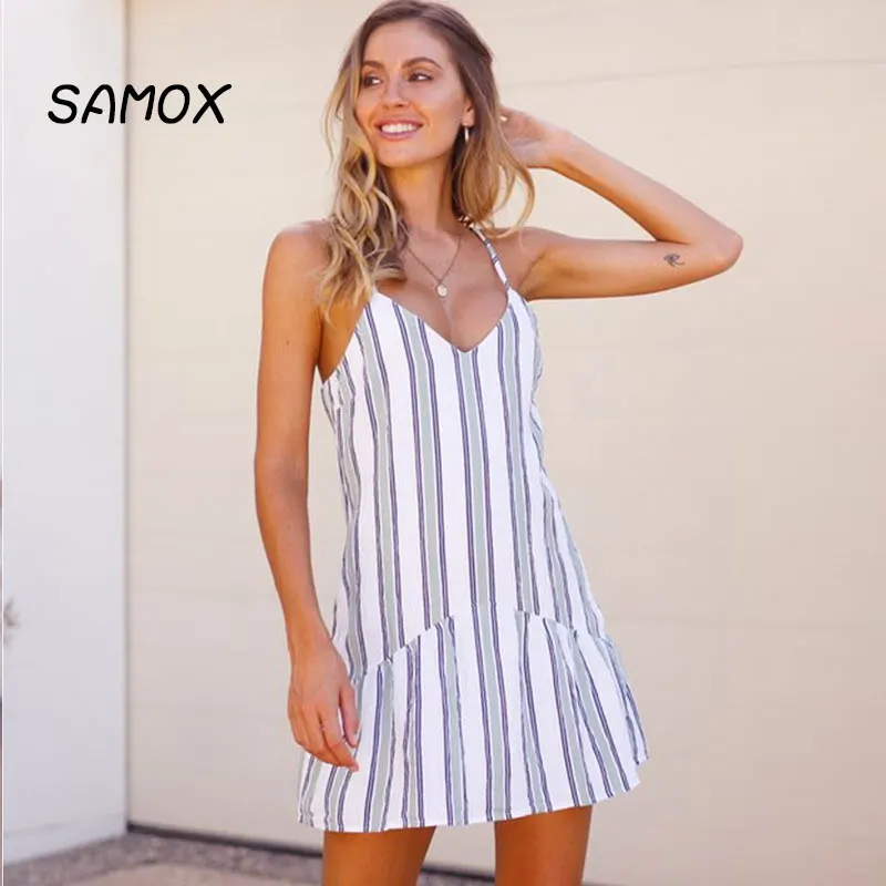 

JSMY 2019 New Summer Fashion Women Bohemian Style Blue And White Stripes Stitched Fishtail Dress