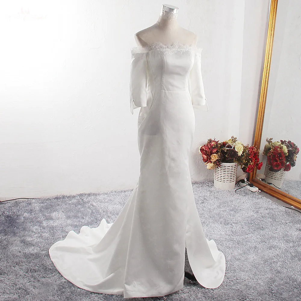

LZ347 Soft Satin Simple Wedding Dress Open Leg Slit Boat Neck Mermaid Dress