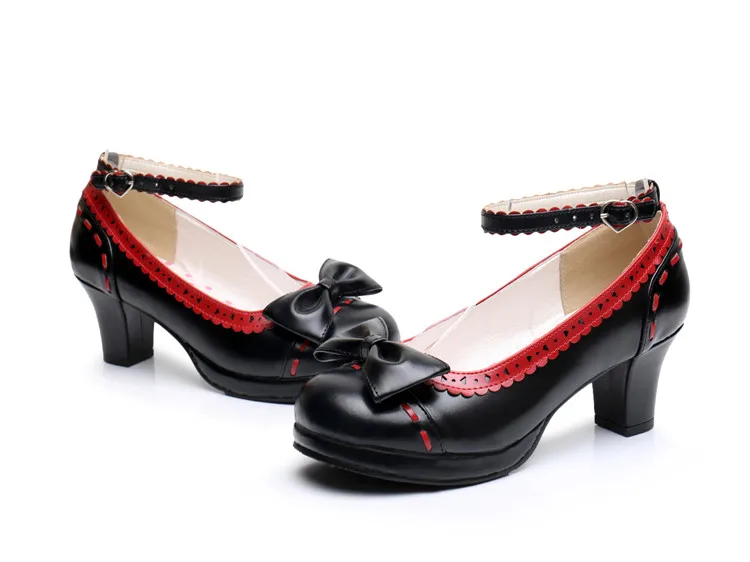 Красивая обувь Mary Jane в японском стиле для девочек; обувь Лолиты, косплей; милые кожаные туфли на высоком каблуке, с бантом