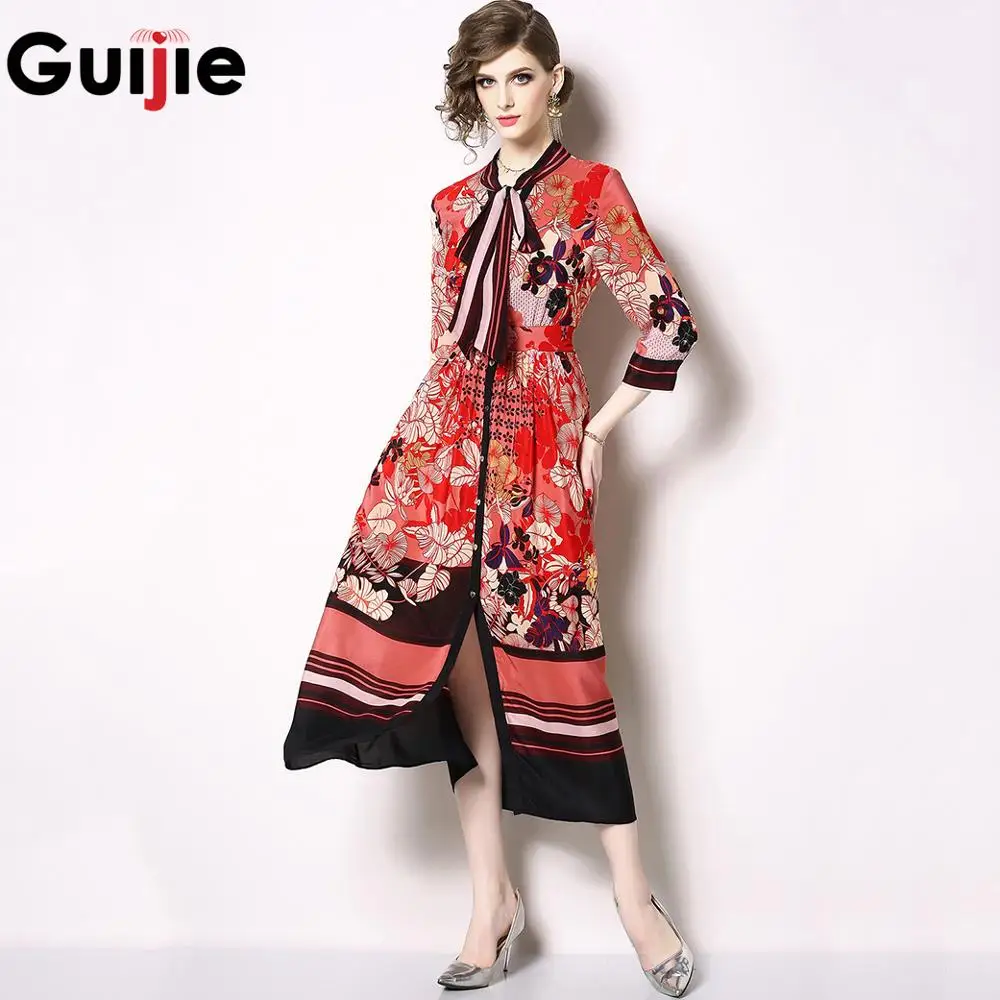 Guijie Runway Designer Maxi Dress 2019 Fall Women Bow Tie Collar Green Red Flower Printing Swing Pleated Single-breasted Dresses | Женская