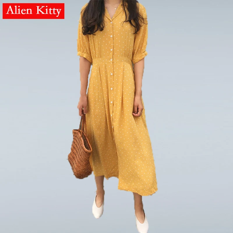 

Alien Kitty Summer Notched Print Hearts Hot Casual Sweet High Waist Loose Half Sleeves Single Breasted All-Match Yellow Dress