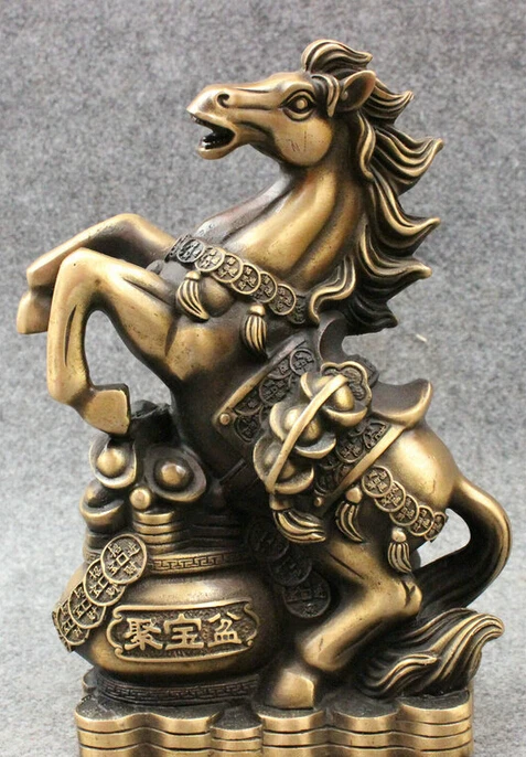 

S3442 10" Folk Chinese Year Zodiac Bronze Wealth Treasure Bowl Jump Up Horse Statue D0317