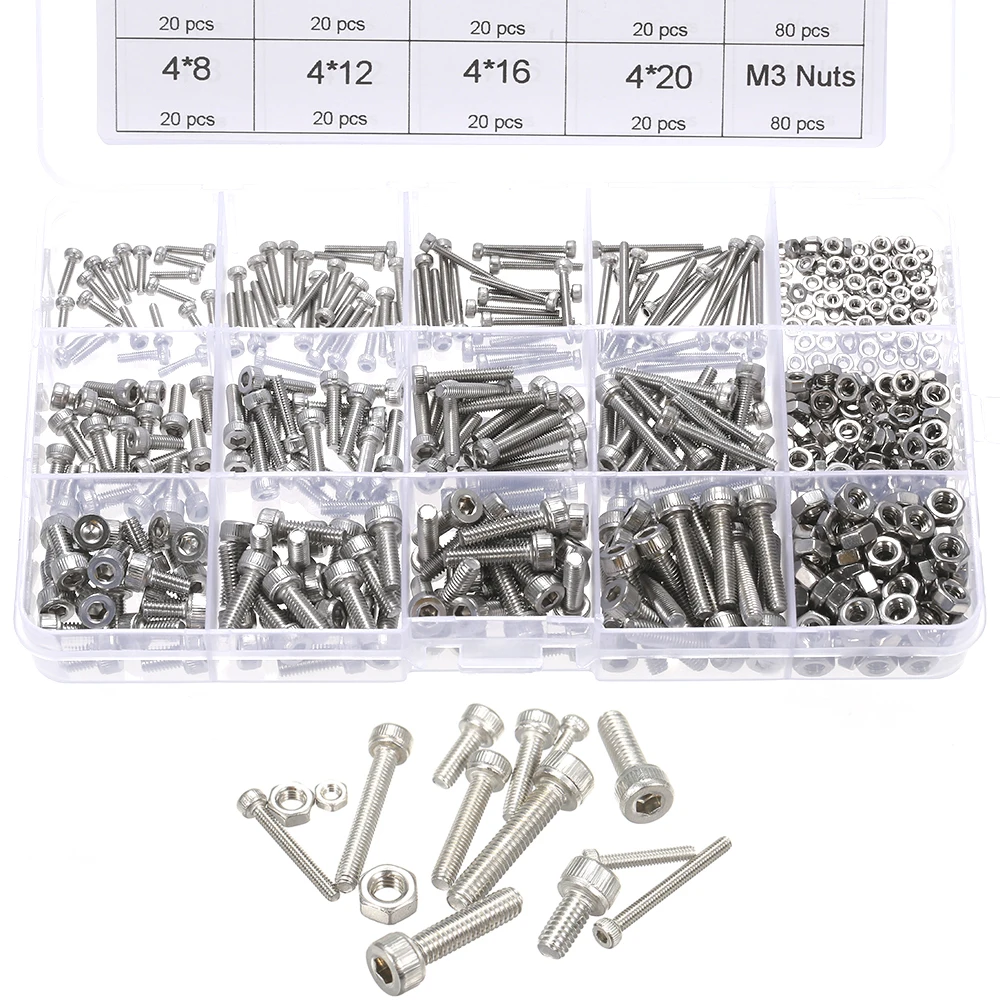 

480pcs/Set DIN912 M2/M3/M4 Screws Nuts Kits Set Stainless Steel Hex Head Socket Screws and Nuts Assortment