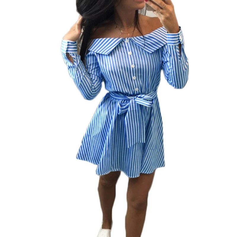

Sexy Slash Neck Striped Long Sleeve Shirt Dress Women 2019 Wrap Mini Off Shoulder Summer Dress Vestidos