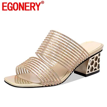 

EGONERY woman shoes 2019 summer new fashion sexy open toe crystal woman slippers outside high square heel plus size ladies shoes