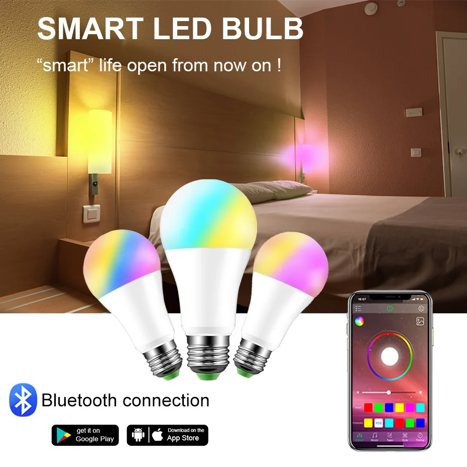 20 Modes Smart Light Bulb Bluetooth-compatible LED Bulbs E27 B22 15W Magic RGB Lamp Home Decoration Apply to IOS / Android