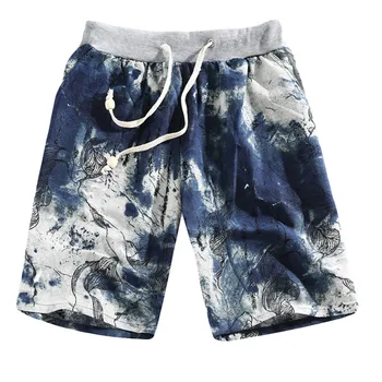 

Men's Summer Casual Ethnic Style Blue Printed Loose Linen Straight Elastic Waist Mid Beach Shorts Pants Surffing shorts L413A