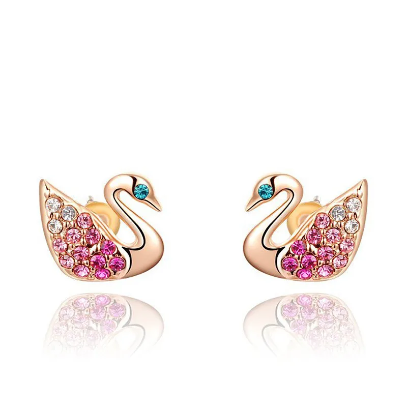 

new Austrian Crystal aurification Crystal Swan Stud Earrings-rose gold