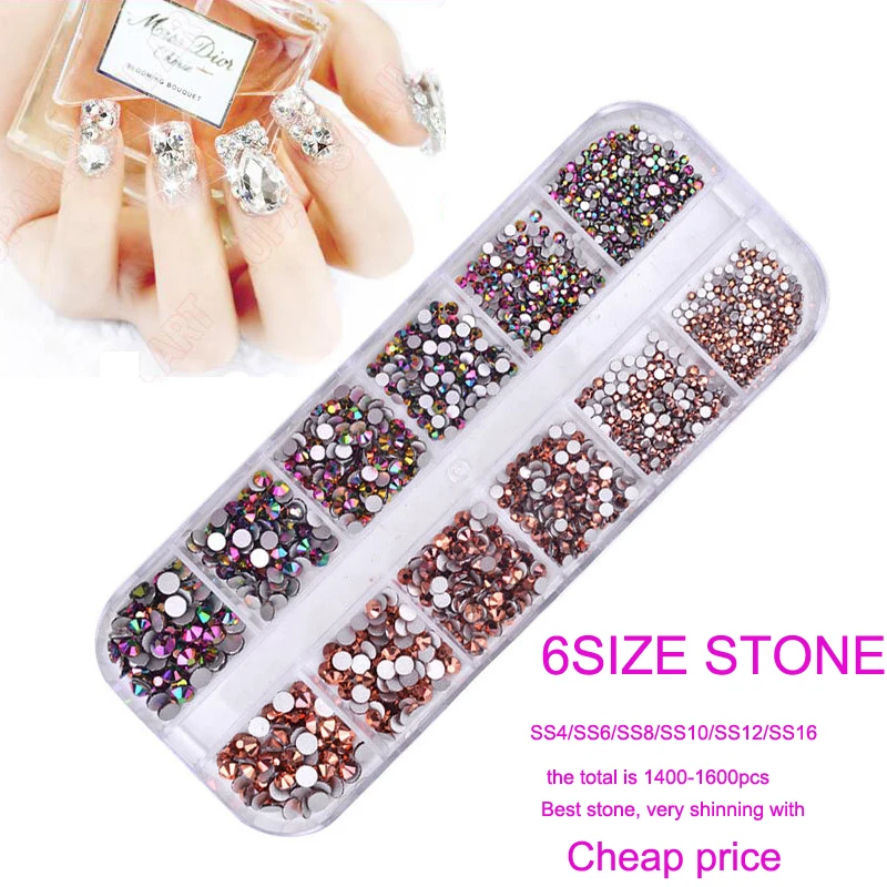 1 Box Glass Nail Art Rhinestones / Gems Sizes 6 Case Included 12 Slot