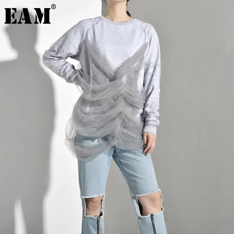 

[EAM] 2019 New Spring Autumn Round Neck Long Sleeve Gray Mesh Cross Split Loose Temperament Sweatshirt Women Fashion JG8930