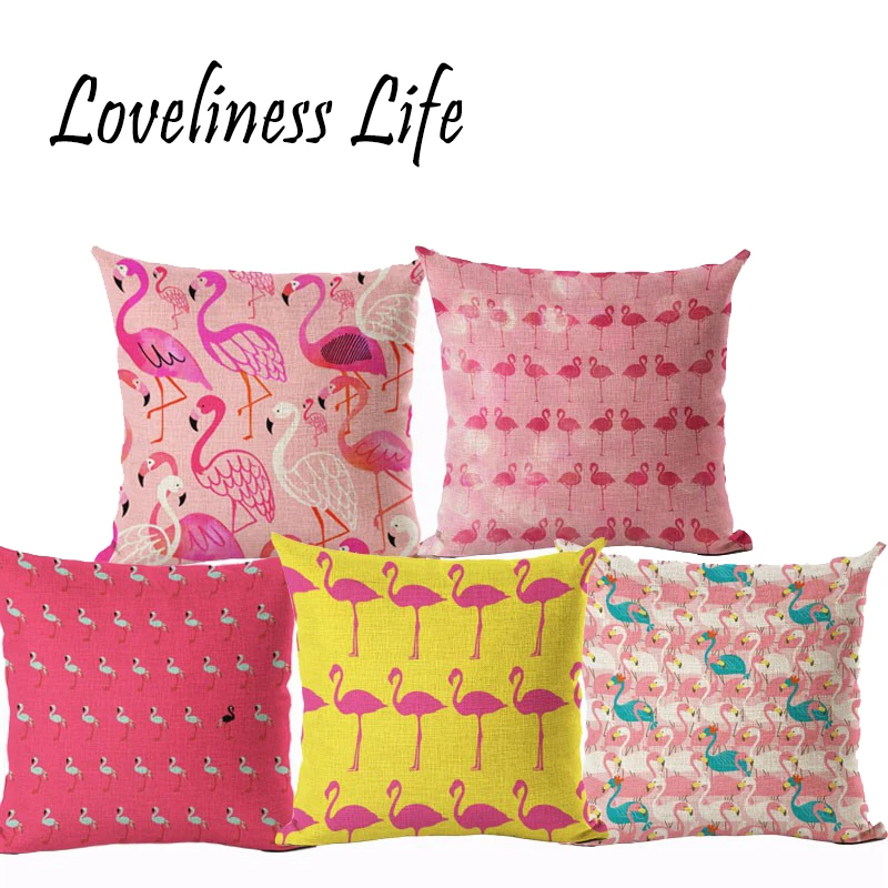 

Cartoon Style Color Hot Pink Flamingos Print Fundas Cotton Linen Home Cushion Cover Soft Pillow Cojines Christmas Decorative