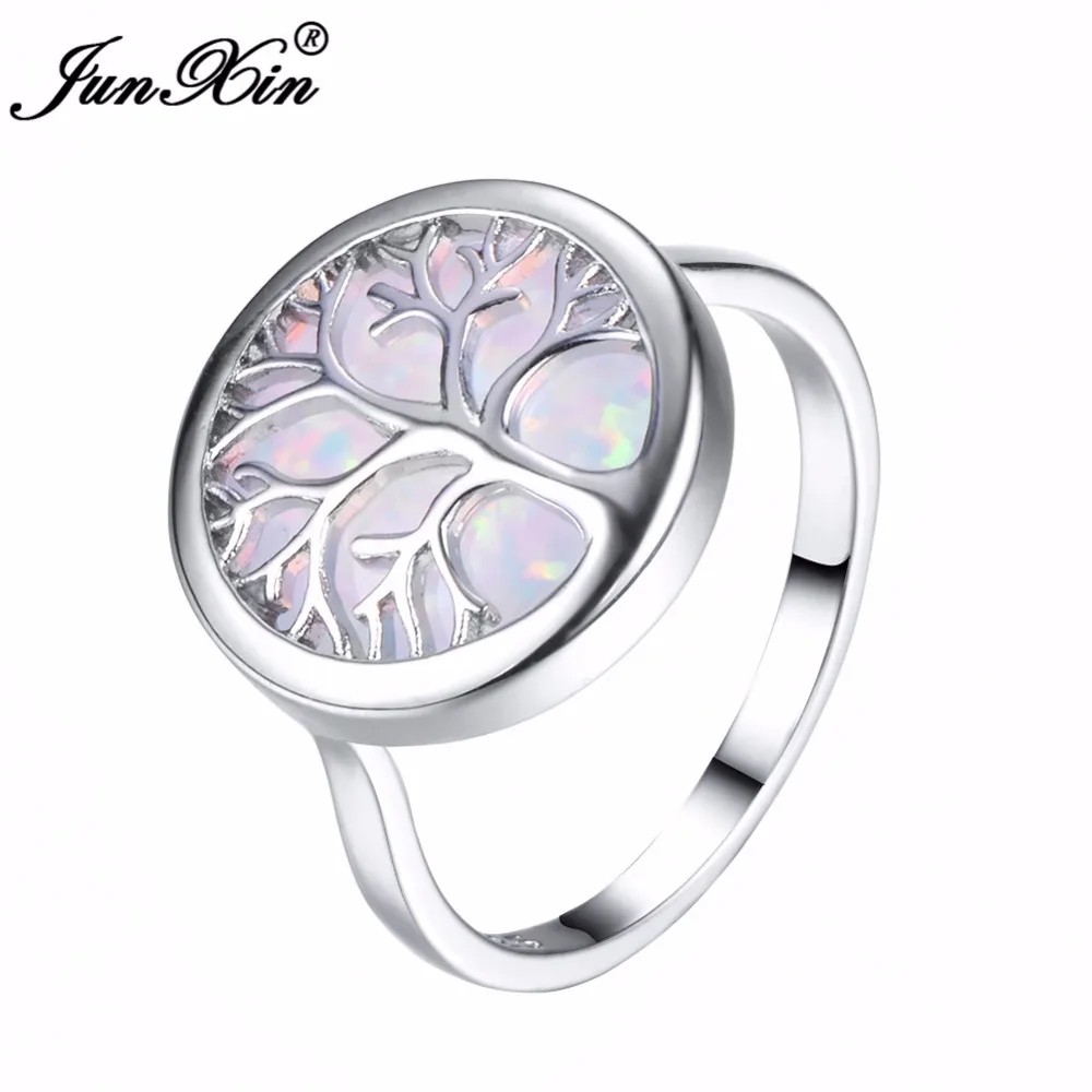 JUNXIN Fashion Female Big White/Blue Opal Ring Vintage 925 Silver Filled Jewelry Tree Of Life Party Wedding Rings For Women
