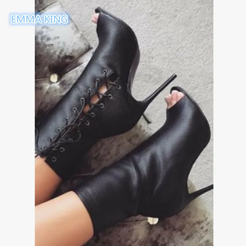 

Spring Autumn Lace-Up Fashion Ankle Boots Women Black Leather Stilettos Martin Boots Cross-Tied Peep Toe High Heels Shoes Woman