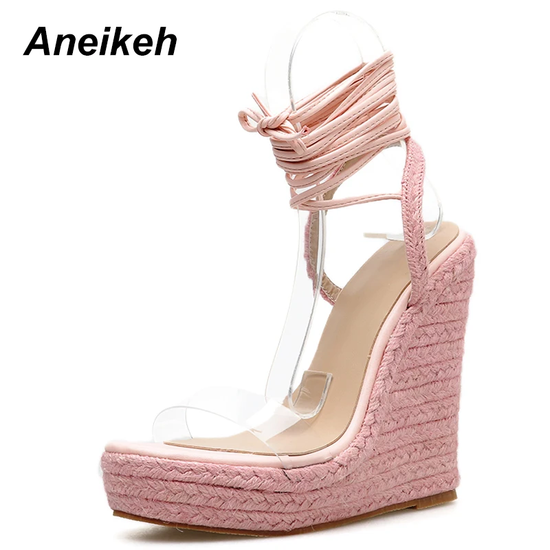 Aneikeh/ г. Новинка, сандалии из ПВХ женские прозрачные пикантные туфли на танкетке, на высоком каблуке, вечерние летние туфли на шнуровке обувь на платформе, розового и оранжевого цвета, размеры 35-42