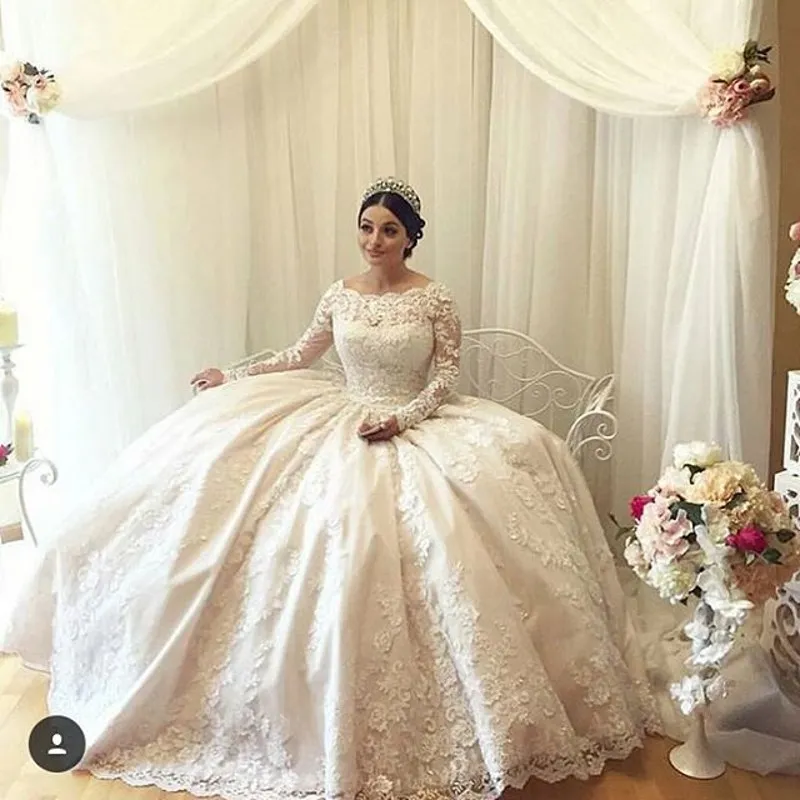 

Vintage Vestido De Noiva 2019 Muslim Wedding Dresses Ball Gown Long Sleeve Lace Beaded Dubai Arabic Wedding Gown Bridal Dresses